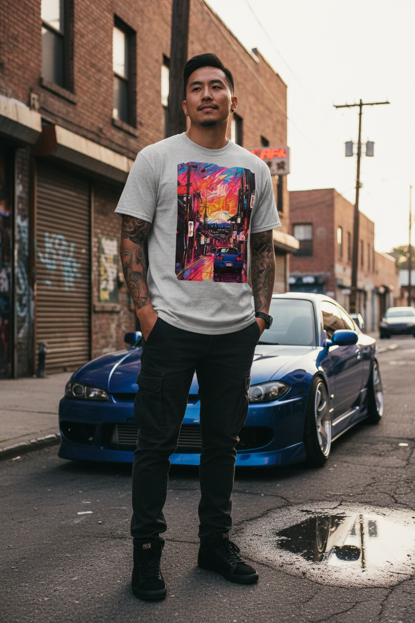 Person wearing Fuji Drift graphic tee with JDM car and Mt. Fuji design in Long Island urban street setting, automotive streetwear lifestyle photography
