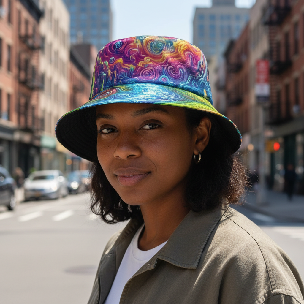 Person wearing galaxy print reversible bucket hat in Long Island urban setting, streetwear fashion photography with city buildings