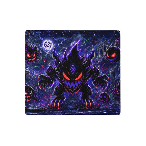 A square gaming mouse pad featuring a dark, spooky cartoon monster in black and purple with glowing red eyes, surrounded by floating pumpkin faces and a haunted house under a full moon.