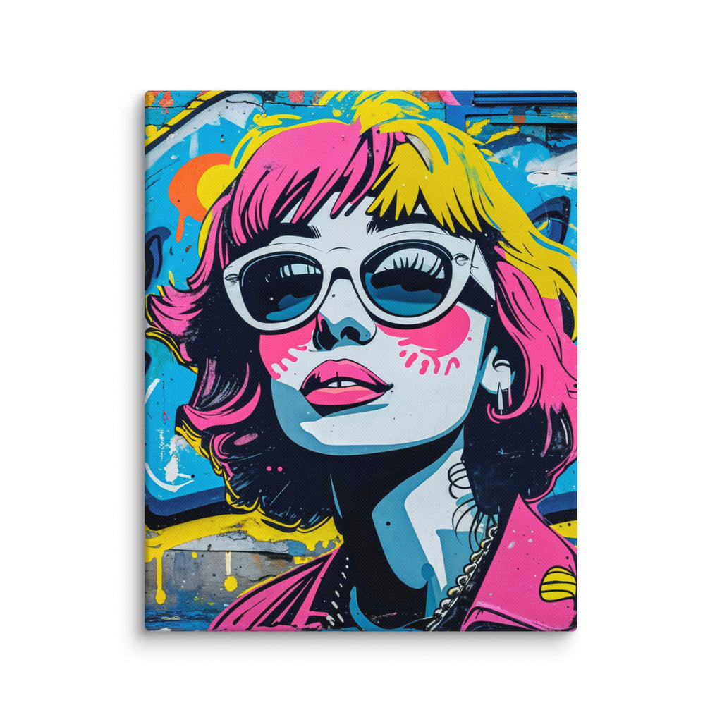 Glossed Out pop art canvas with bold pinks, yellows, and retro sunglasses, bringing high-energy style and attitude to your walls.