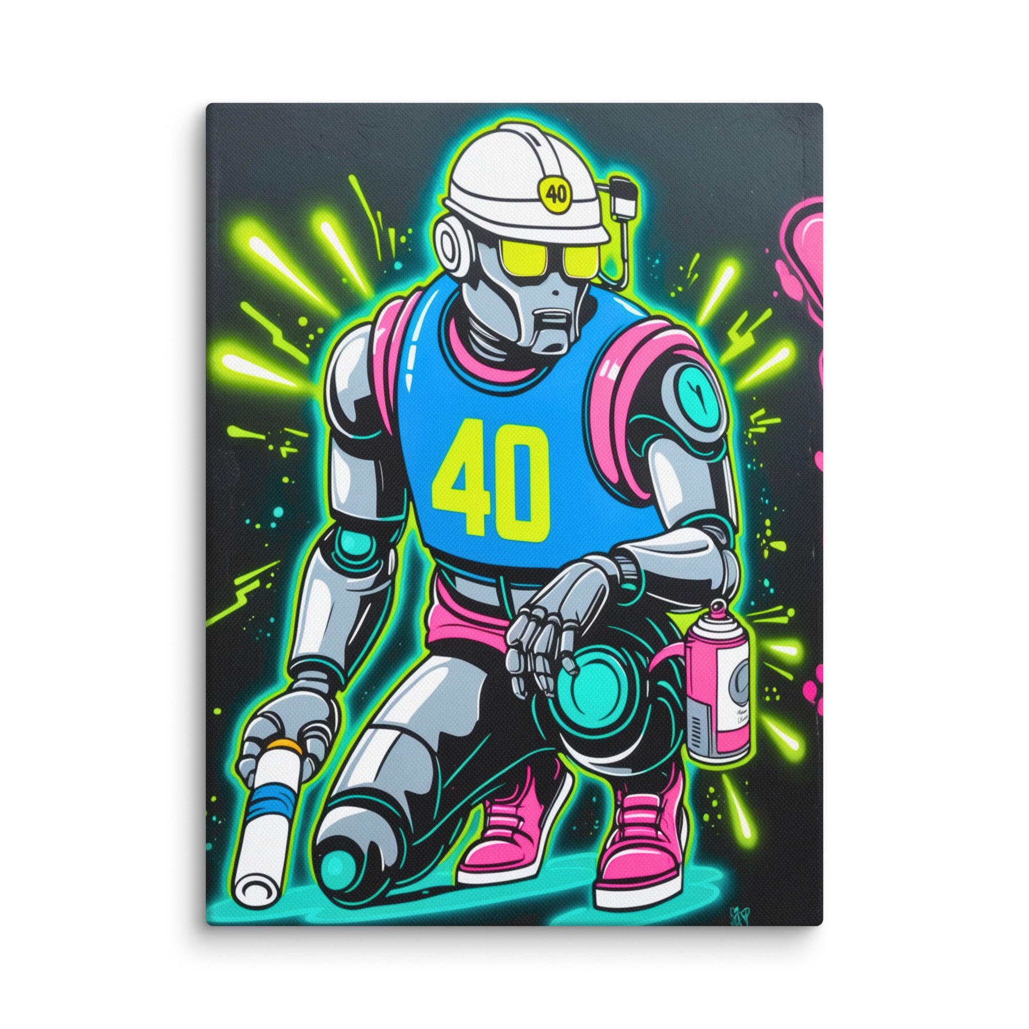close up of Graffiti Bot canvas print showing vivid colors and fade-resistant urban design for wall decor