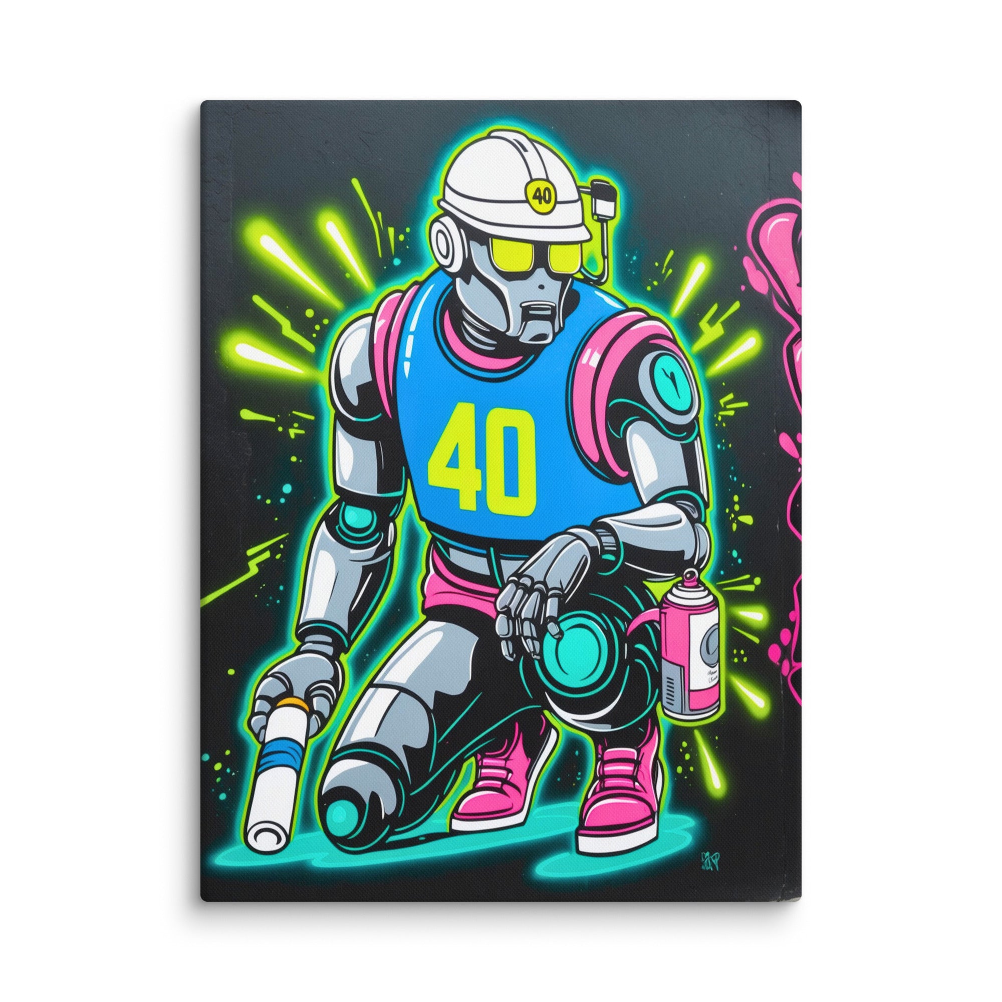 Graffiti Bot canvas print displayed on wall in living space, adding bold urban style to home or office decor