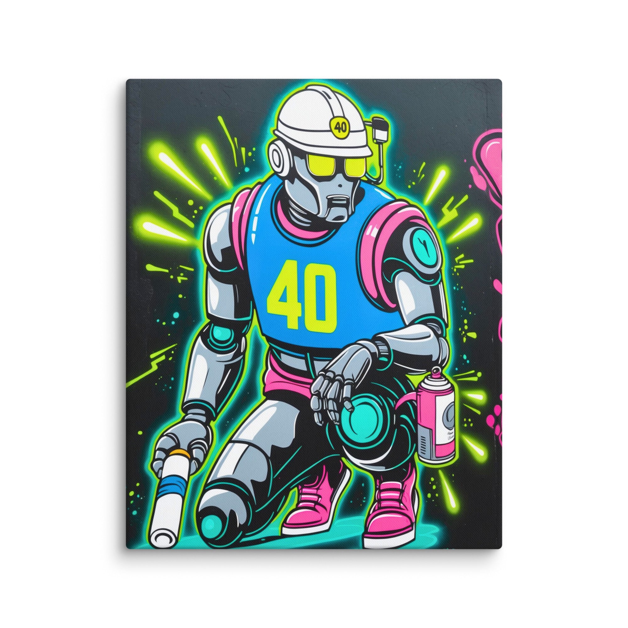 side view of Graffiti Bot canvas print highlighting 1.25 inch thick poly-cotton canvas and professional finish