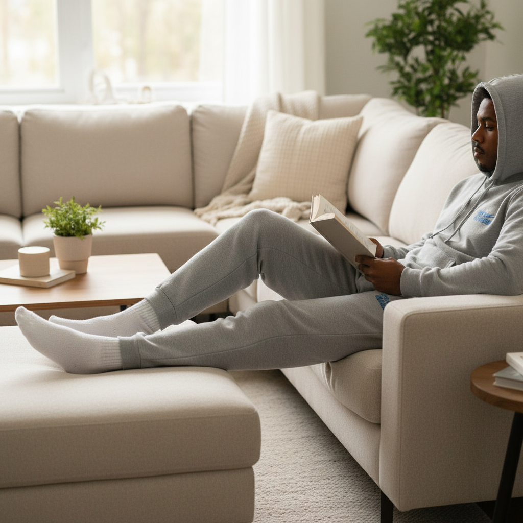 Person wearing The 631 Gallery grey fleece sweatpants in cozy setting, relaxed lifestyle photography