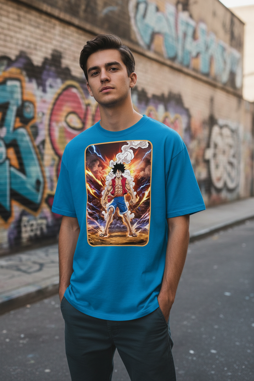 Person wearing Grin & Grind Luffy graphic tee at Long Island urban street, anime streetwear lifestyle photography