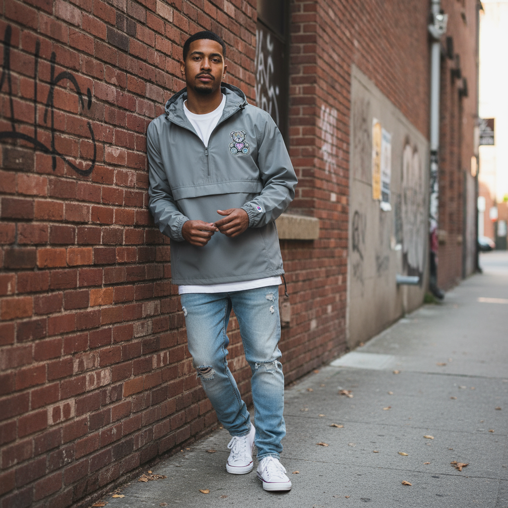 Person wearing 631 Gallery × Champion packable jacket in graphite with Heartbreak Bear embroidery, streetwear lifestyle photography