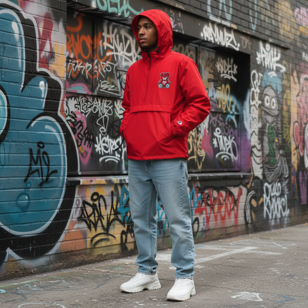 Person wearing 631 Gallery × Champion packable jacket in red with Heartbreak Bear embroidery, streetwear lifestyle photography