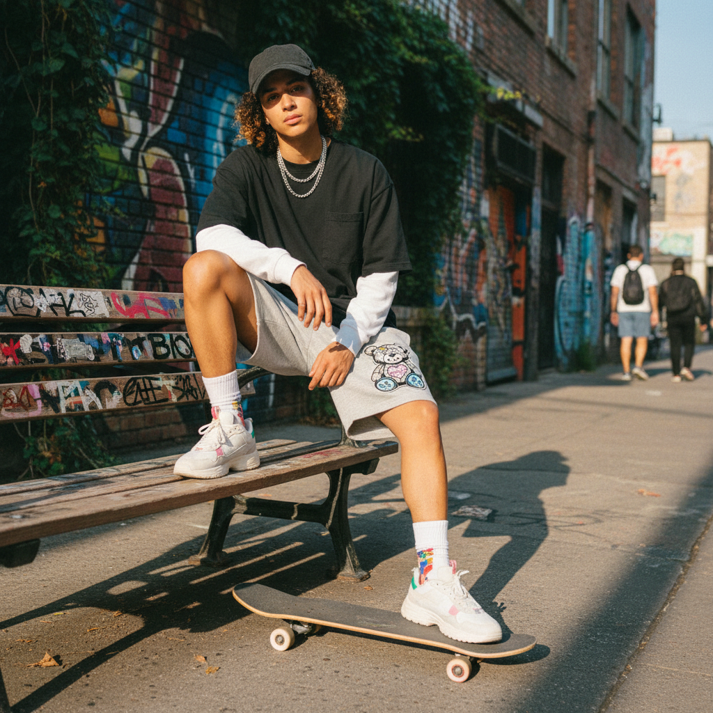 Heartbreak Bear grey fleece shorts with bear graphic patches, styled in casual streetwear look on a skate spot with graffiti