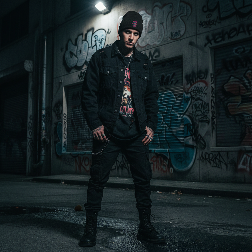 Person wearing a dark coat and beanie standing in front of a graffiti-covered wall.