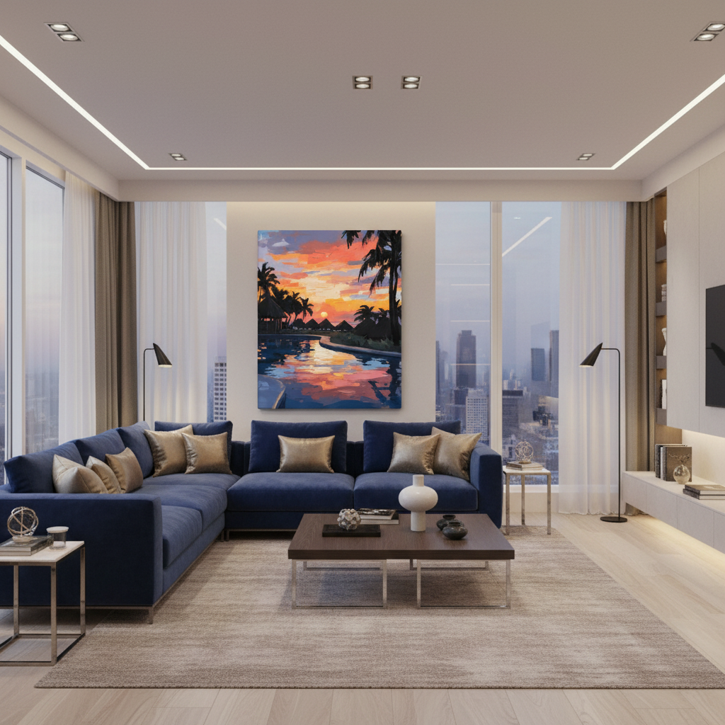 Modern living room with a blue sofa, coffee table, and cityscape painting. Luxe Poolside Vibes canvas art displayed in luxurious modern living room