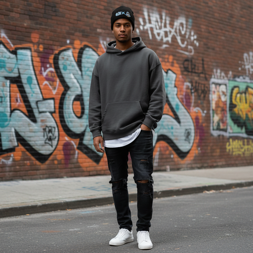 Person wearing a gray hoodie and black pants standing in front of a graffiti-covered wall. wearing Big Dawgs X 631 Cuffed Beanie in black