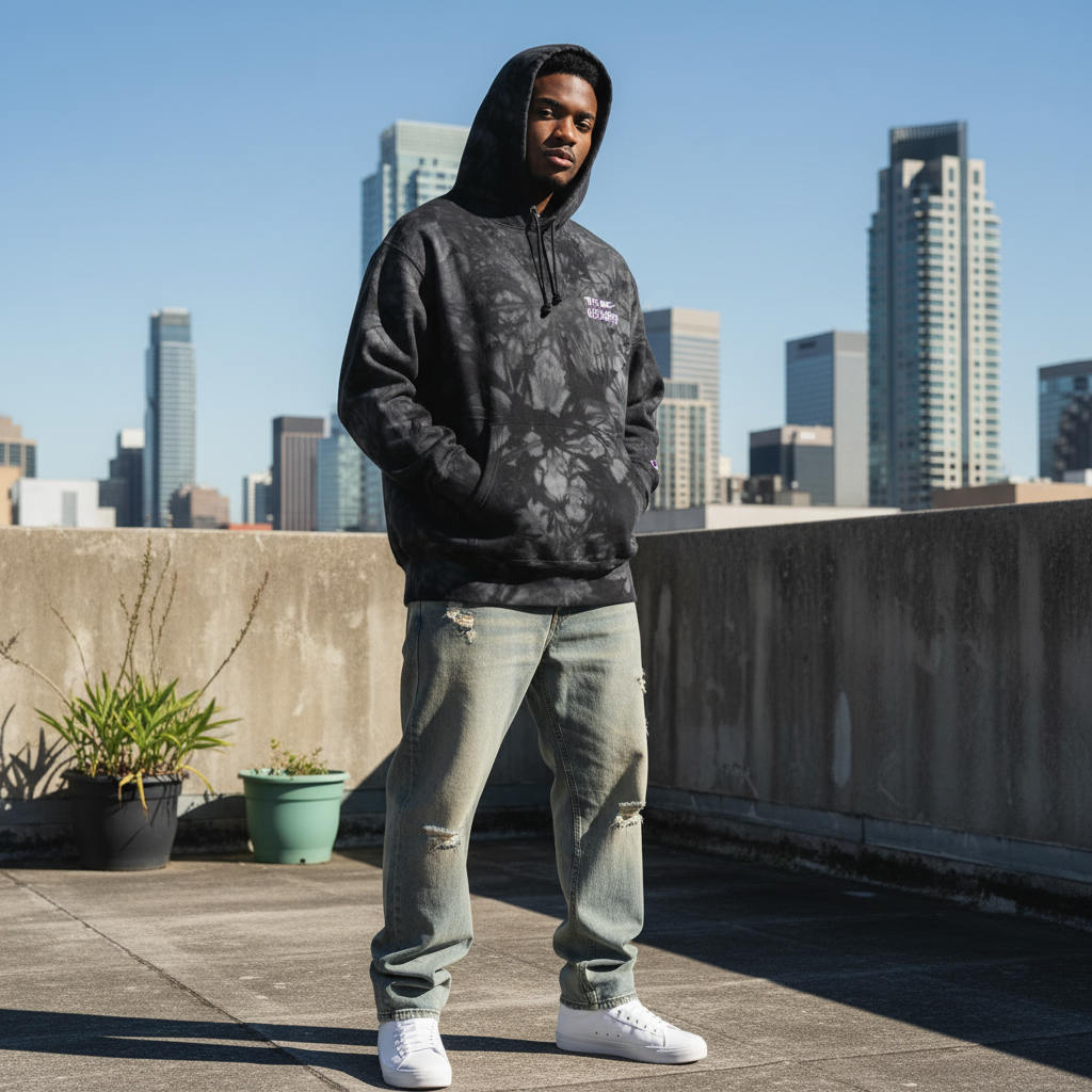 Person wearing the 631 Gallery X Champion tie-dye hoodie, premium streetwear lifestyle photography