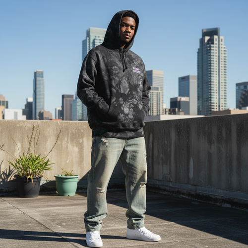 Person wearing the 631 Gallery X Champion tie-dye hoodie, premium streetwear lifestyle photography