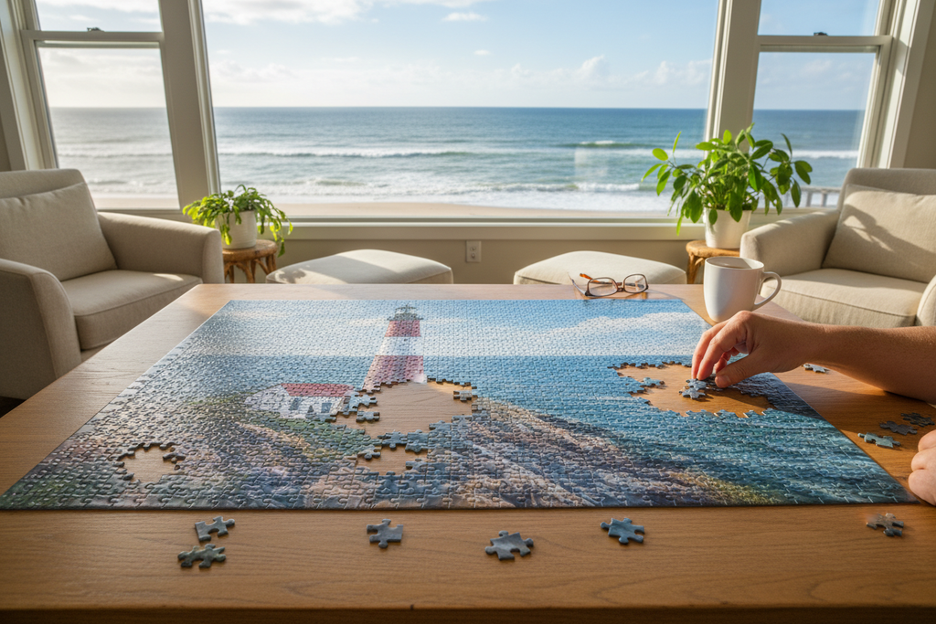 Montauk Lighthouse puzzle being assembled near ocean view window, Long Island coastal home lifestyle photography