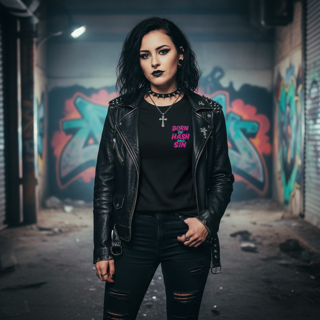 Person wearing a black leather jacket and black t-shirt with text, standing in an urban setting with graffiti.