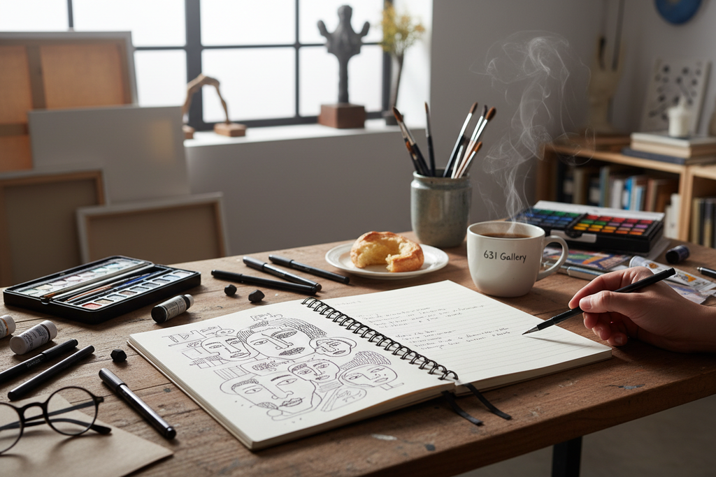631 Gallery spiral notebook open on creative workspace with sketches and coffee, artist studio lifestyle photography