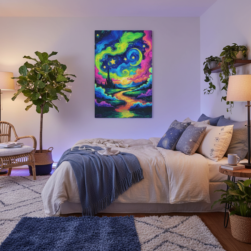 Colorful abstract painting on a wall above a bed in a bedroom with plants Mystic Skies canvas art displayed in dreamy bedroom setting 