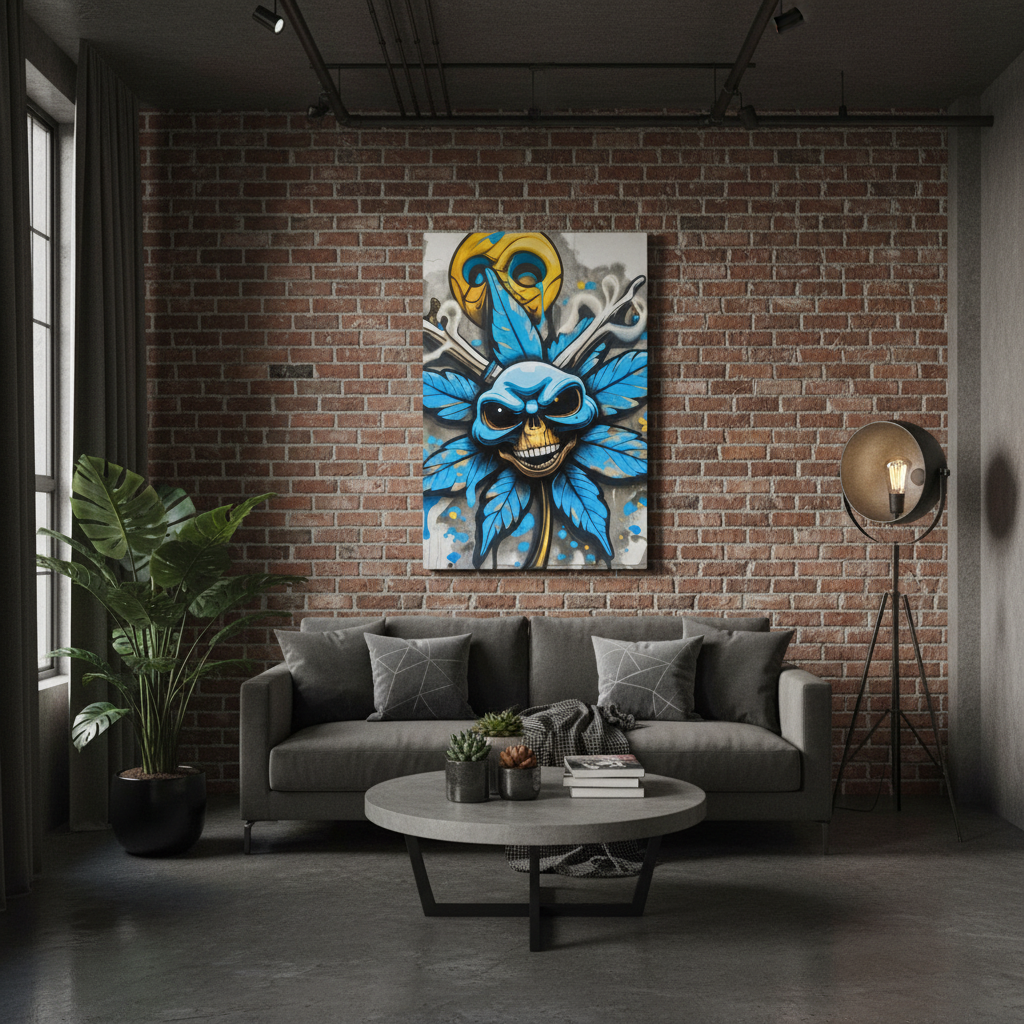 Modern living room with a gray sofa, round coffee table, and decorative wall art. Sinister Bloom canvas art displayed in edgy modern room with urban decor