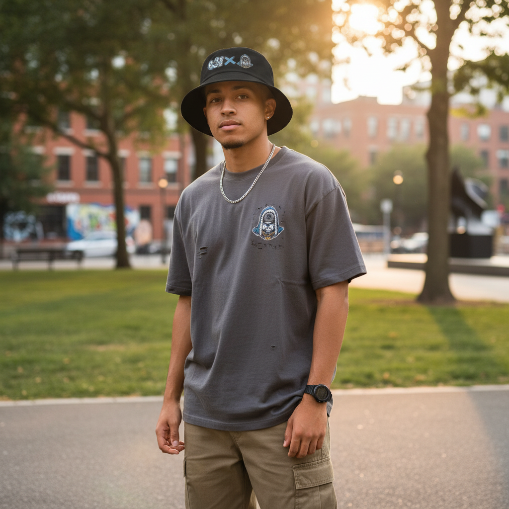 Man wearing a gray t-shirt and black bucket hat standing in a park with trees and buildings in the background. Person wearing Big Dawgs X 631 Bucket Hat
