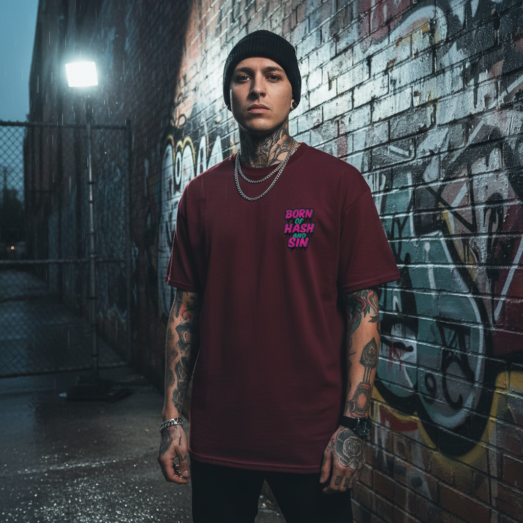 Person wearing a maroon t-shirt with text, standing in front of a graffiti-covered wall.