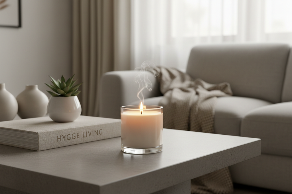 Scented soy candle in clear glass jar on coffee table in a cozy living room setting