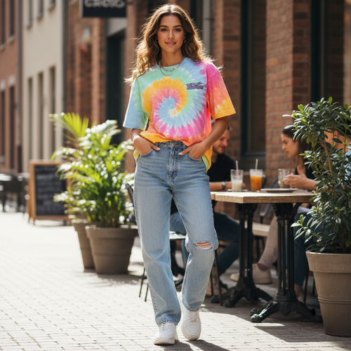 Person wearing 631 Gallery oversized tie-dye t-shirt, streetwear lifestyle photography