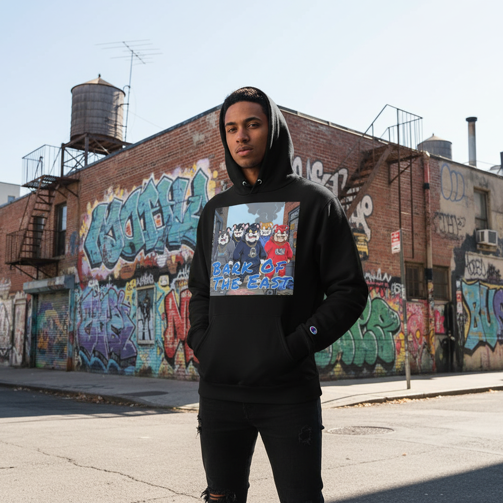 Person wearing a black hoodie with a graphic design of a group of bulldogs in front of a graffiti-covered wall.