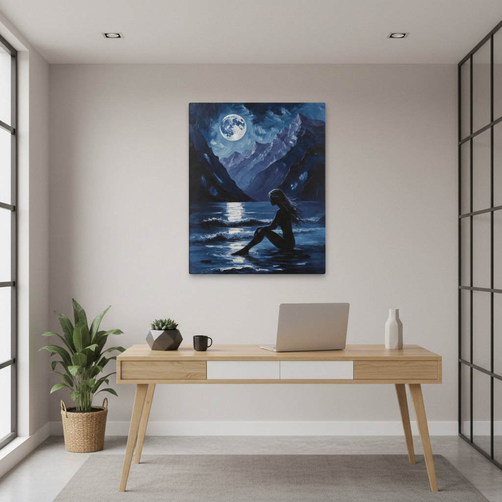 Modern office space with a desk, laptop, and decorative items, featuring a large painting on the wall. Black Lagoon canvas art displayed in contemporary office space