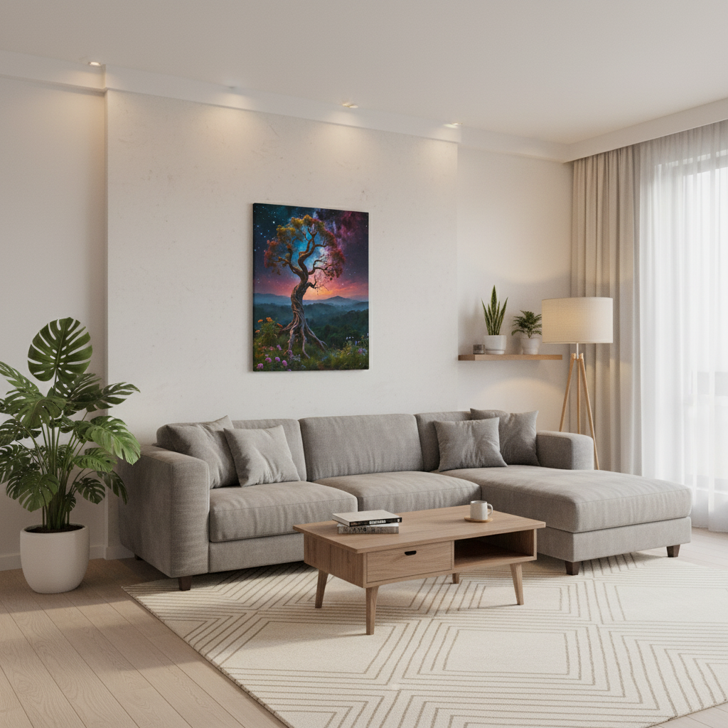 Modern living room with a gray sectional sofa, wooden coffee table, and decorative wall art.