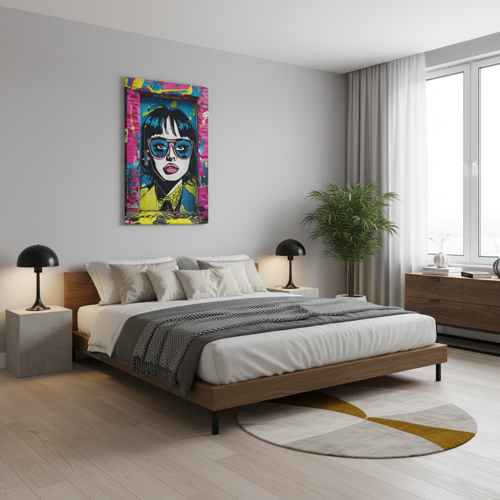 Modern bedroom with a bed, nightstands, and artwork on the wall. Street Scholar canvas art displayed in stylish modern bedroom