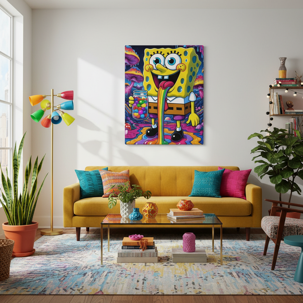 Living room with a yellow couch, colorful rug, and a vibrant SpongeBob SquarePants painting on the wall. Mushi Sponge canvas art displayed in modern living room