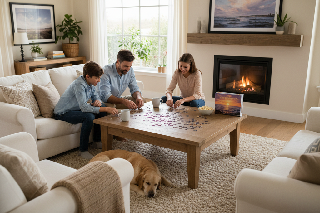 Family enjoying Sunset Reverie puzzle together in cozy living room, warm evening lifestyle photography
