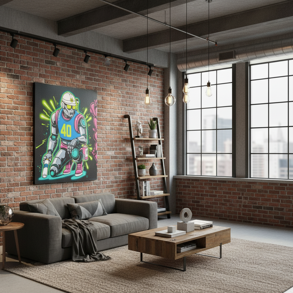 Modern living room with brick wall, gray sofa, and large windows. Graffiti Bot canvas art displayed in urban loft setting