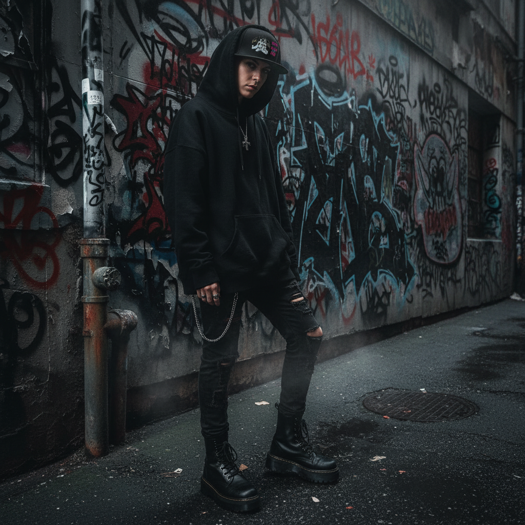 Person wearing a black hoodie and pants standing against a graffiti-covered wall.