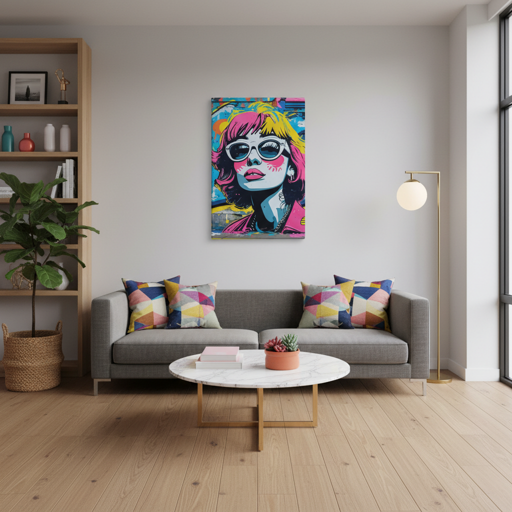 Modern living room with a colorful painting on the wall, gray sofa, and coffee table. Glossed Out canvas art displayed in trendy modern living room