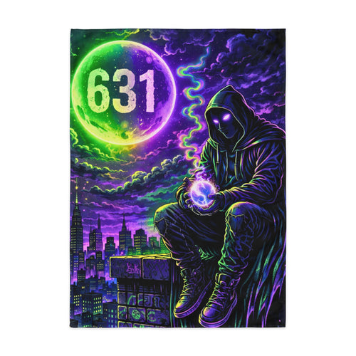 A rectangular wall tapestry featuring a neon-lit fantasy scene: a hooded figure crouching in a cityscape at night, holding a glowing orb, with a large green-purple moon displaying the number 631 in the sky.