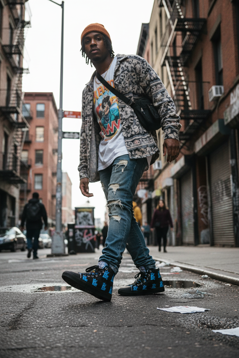 Person wearing LBC High Top Canvas Shoes handmade sneakers in Long Island urban street setting, bold streetwear footwear lifestyle photography