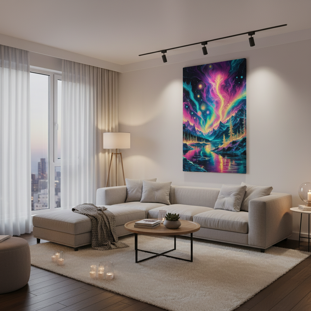 Modern living room with a colorful abstract painting on the wall. Lucid Lights canvas art displayed in creative studio space