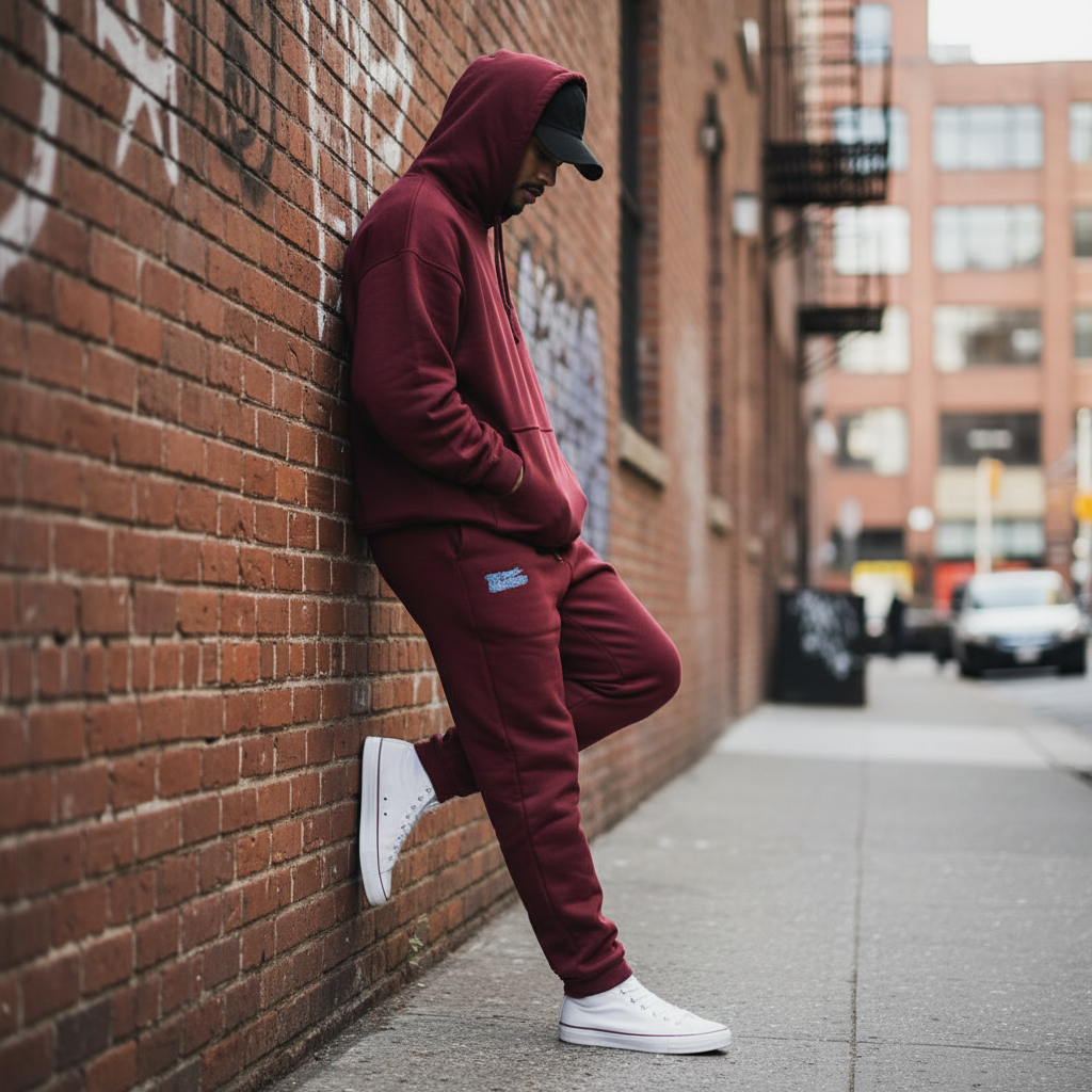 Person wearing The 631 Gallery maroon fleece sweatpants in urban setting, streetwear lifestyle photography