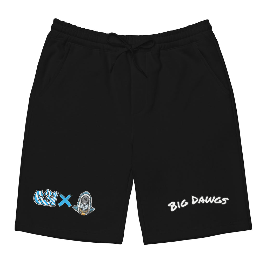 Black shorts with logos and text on a white background