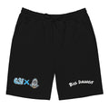 Black shorts with logos and text on a white background