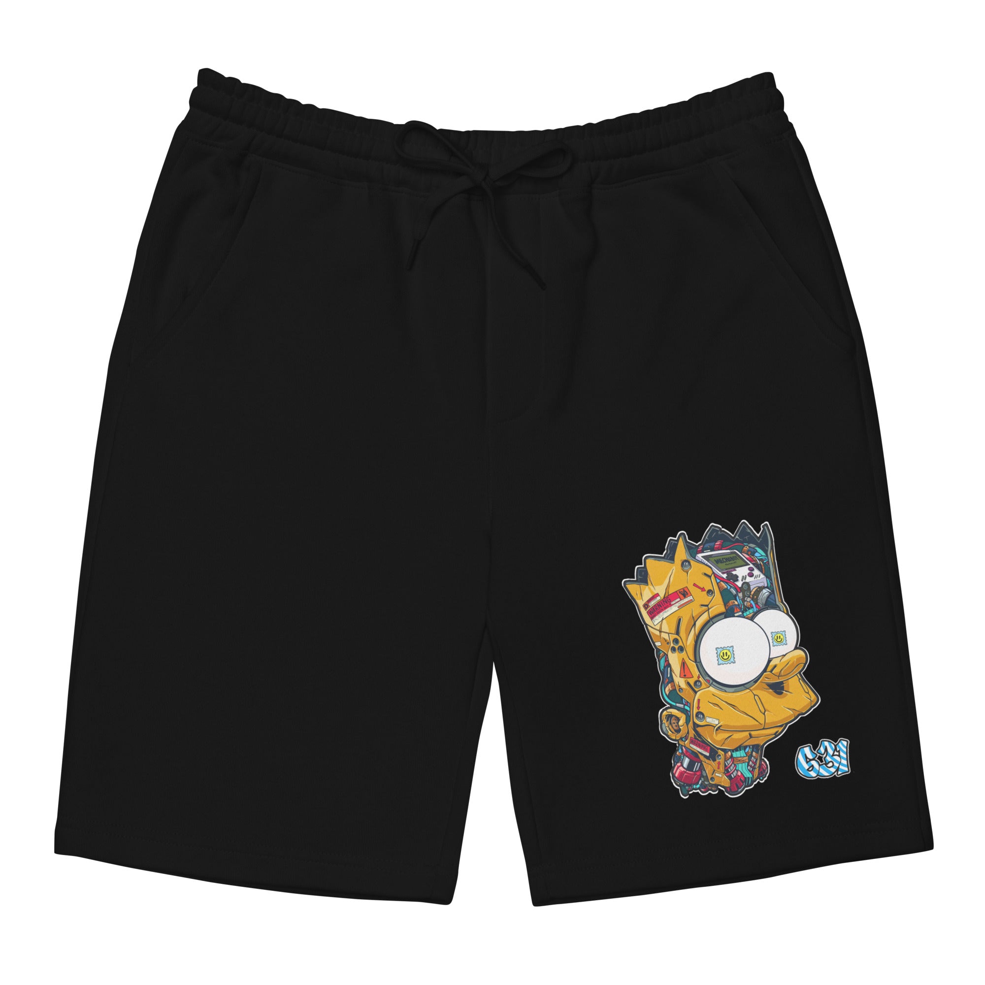 Cyber Rebel Shorts – Black fleece shorts with cyberpunk Bart Simpson street art graphic on leg, front view