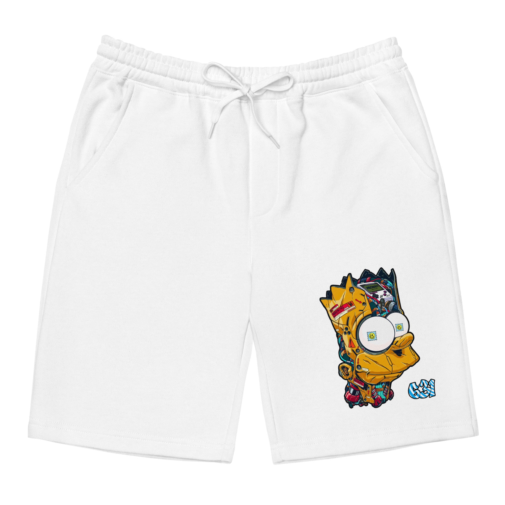 Cyber Rebel Shorts – White color variant, premium fleece shorts with bold graphic by The 631 Gallery