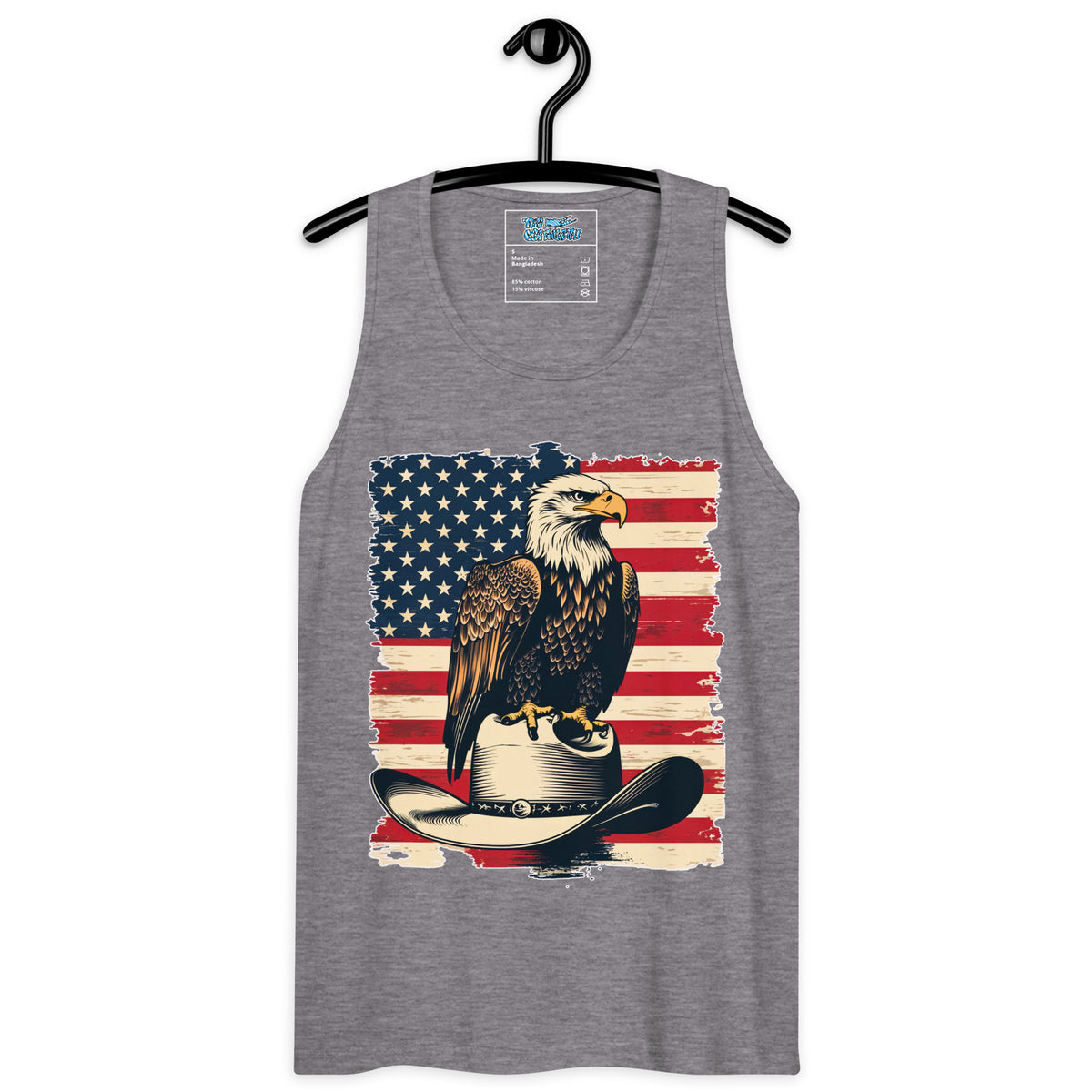 Gray tank top with American flag and eagle design on a hanger