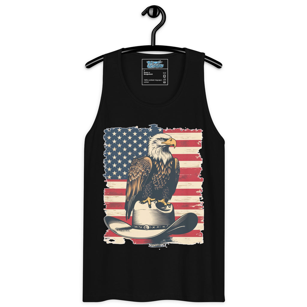 Black tank top with American flag and eagle design on a hanger
