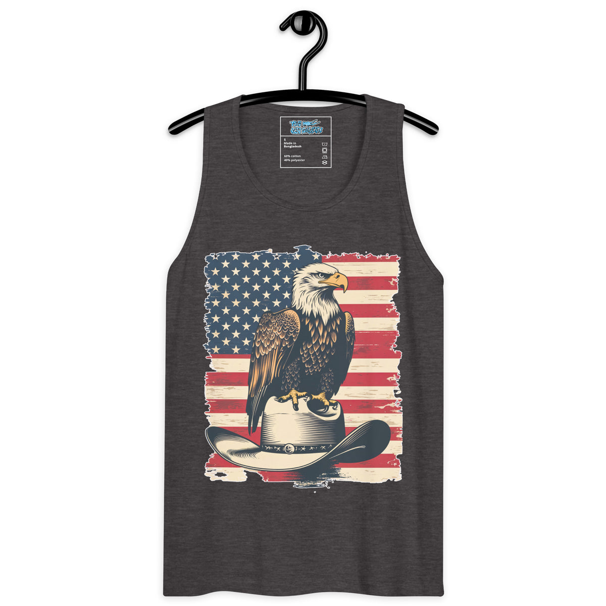 Tank top with American flag and eagle design on a hanger