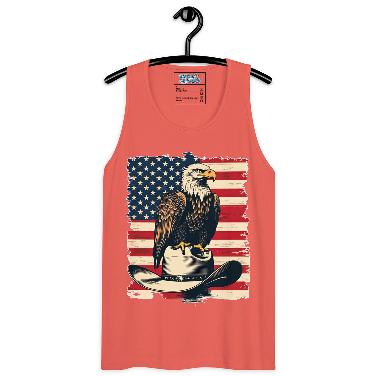 Coral tank top with American flag and eagle design on a hanger