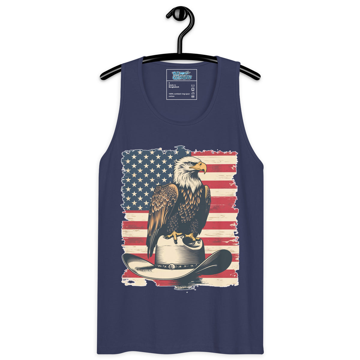Navy tank top with American flag and eagle design on a hanger
