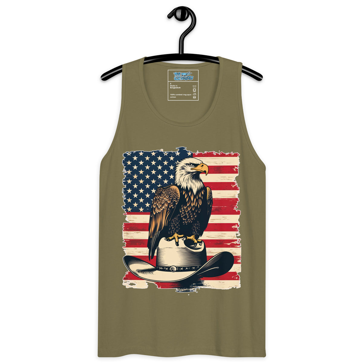 Tank top with American flag and eagle design on a hanger against a white background