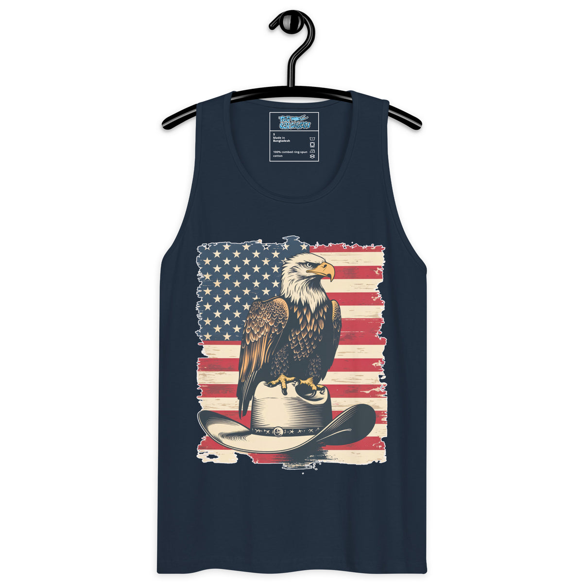 Navy tank top with American flag and eagle design on a hanger